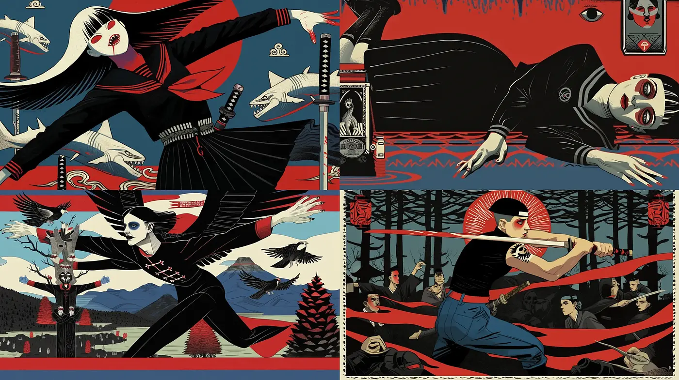 Ethereal Nocturne in Red and Black: A Homage to Graphic Novel Aesthetics - Midjourney sref style