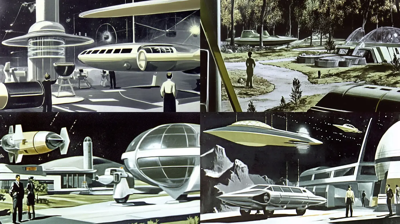 Retrofuturistic Dreamscape: A Vision of Mid-20th Century Tomorrow - Midjourney sref style