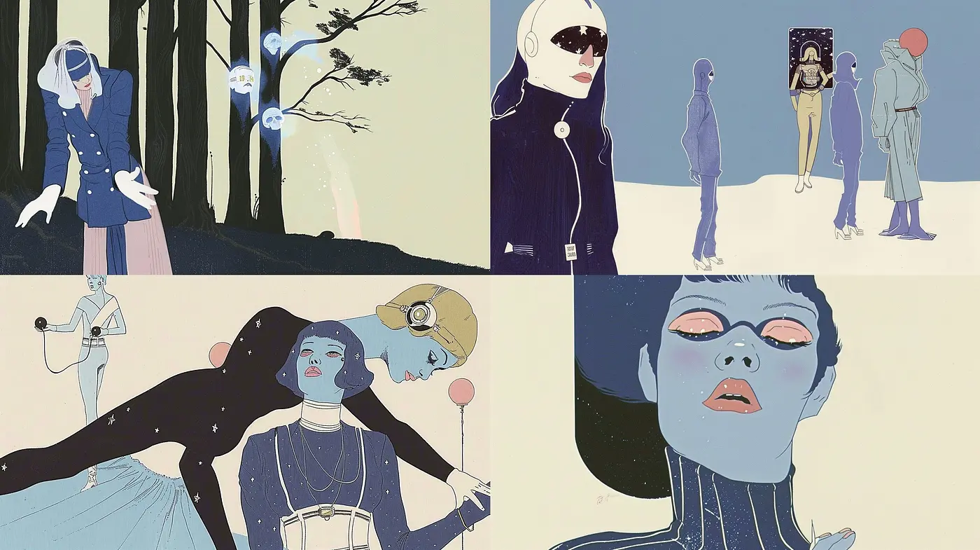 Whimsical Serenity in Blue: A Fusion of Contemporary Graphic Novel and Vintage Illustration Techniques - Midjourney sref style