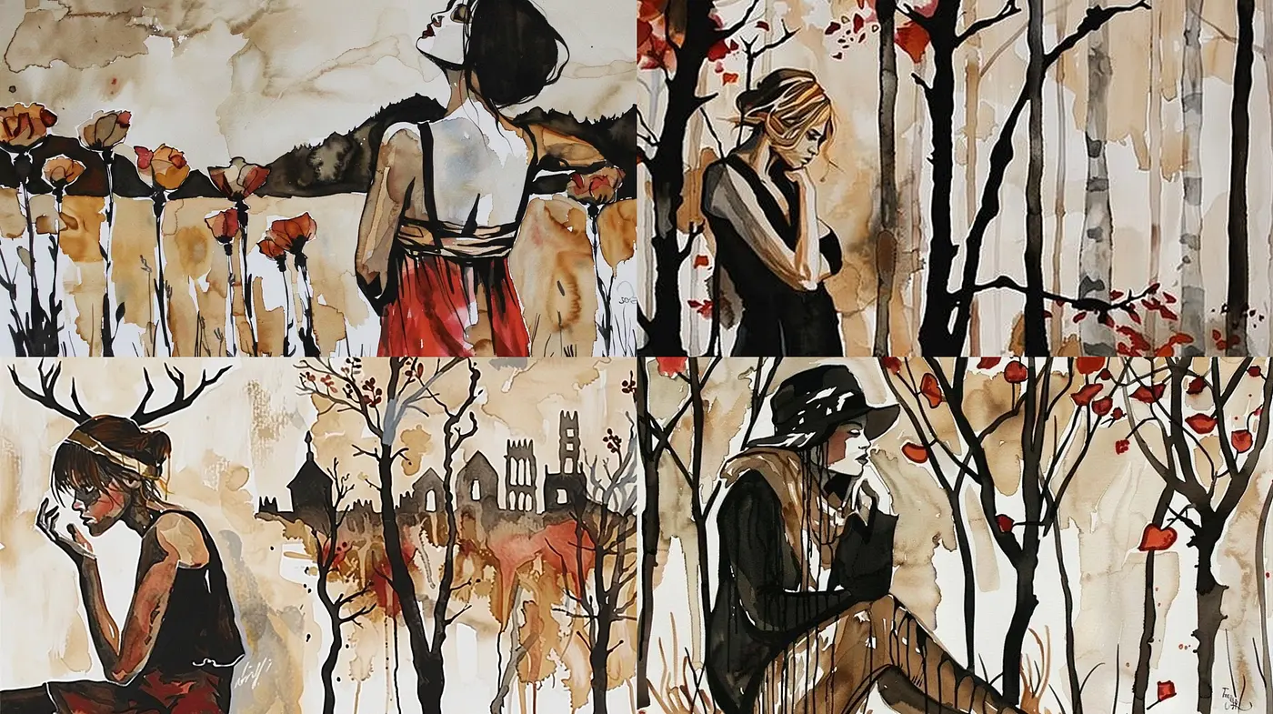 Ephemeral Autumn Embrace: A Mosaic of Watercolor Melancholy and Sepia Tones - Midjourney sref style