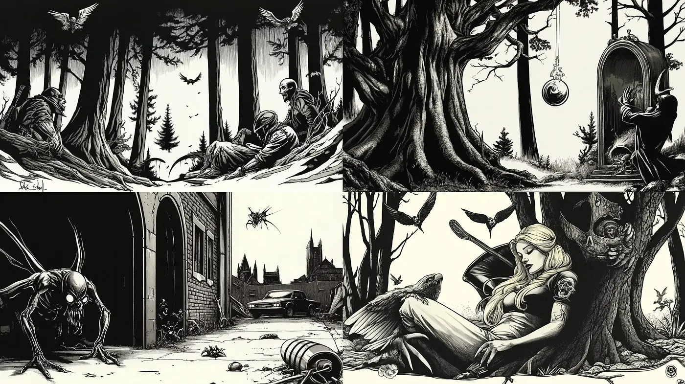 Gothic Noir Panoramas with Stylized Monochrome Intricacies - Midjourney sref style