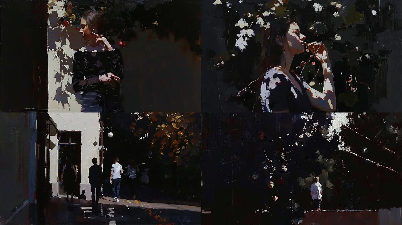 Shadows and Silhouettes: A Synthesis of Chiaroscuro Ambiance and Impasto Brushwork - Midjourney sref style