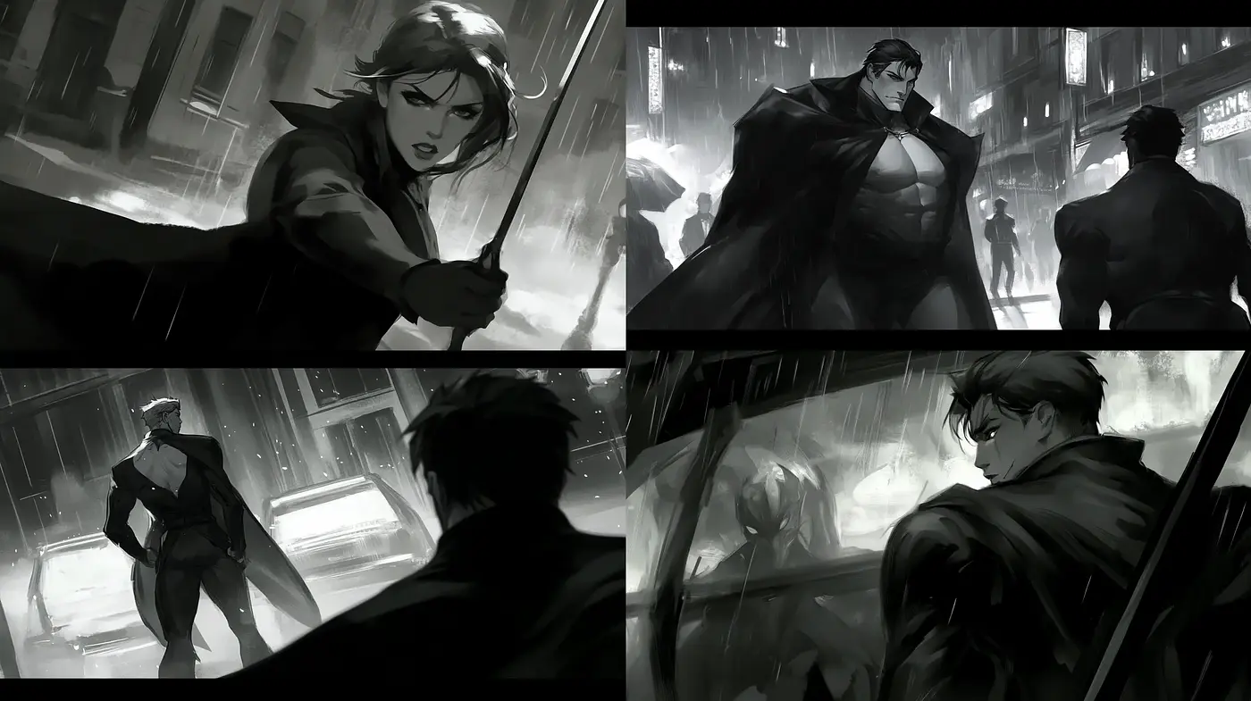 Monochromatic Noir Cinematic Illustrations - Midjourney sref style
