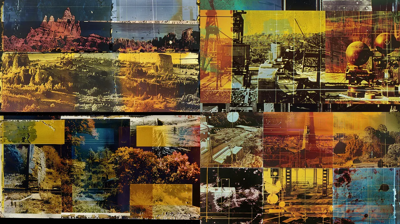 Abstract Industrial Evolution: A Distressed Collage of Time and Texture - Midjourney sref style