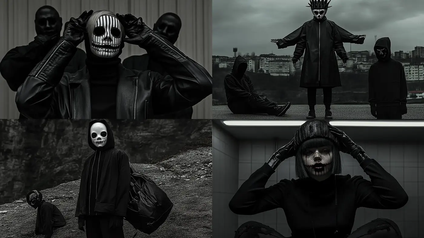 Monochromatic Eerie Harmony: A Dance with Dark Undertones and Sinister Smiles - Midjourney sref style