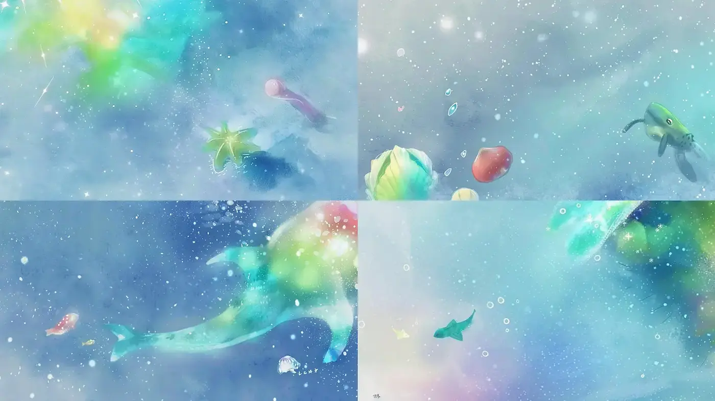 Ethereal aquatic dreamscape with vibrant hues and whimsical elements - Midjourney sref style