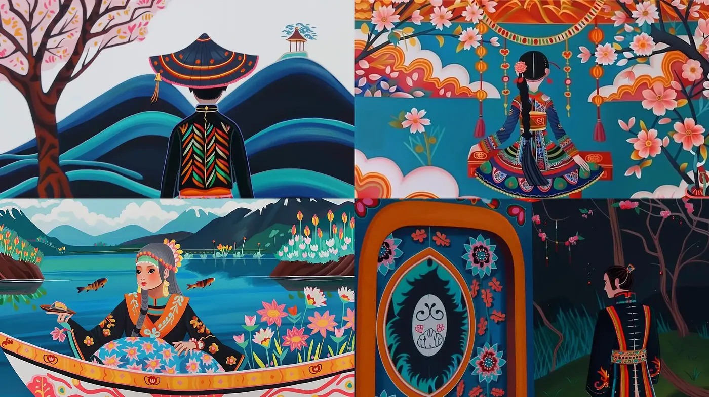 Enchanted Folkloric Panorama: A Vivid Tapestry of Stylized Nature and Cultural Imagery - Midjourney sref style