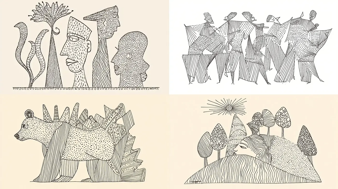 Whimsical and abstract illustrations with linear patterns and playful forms - Midjourney sref style