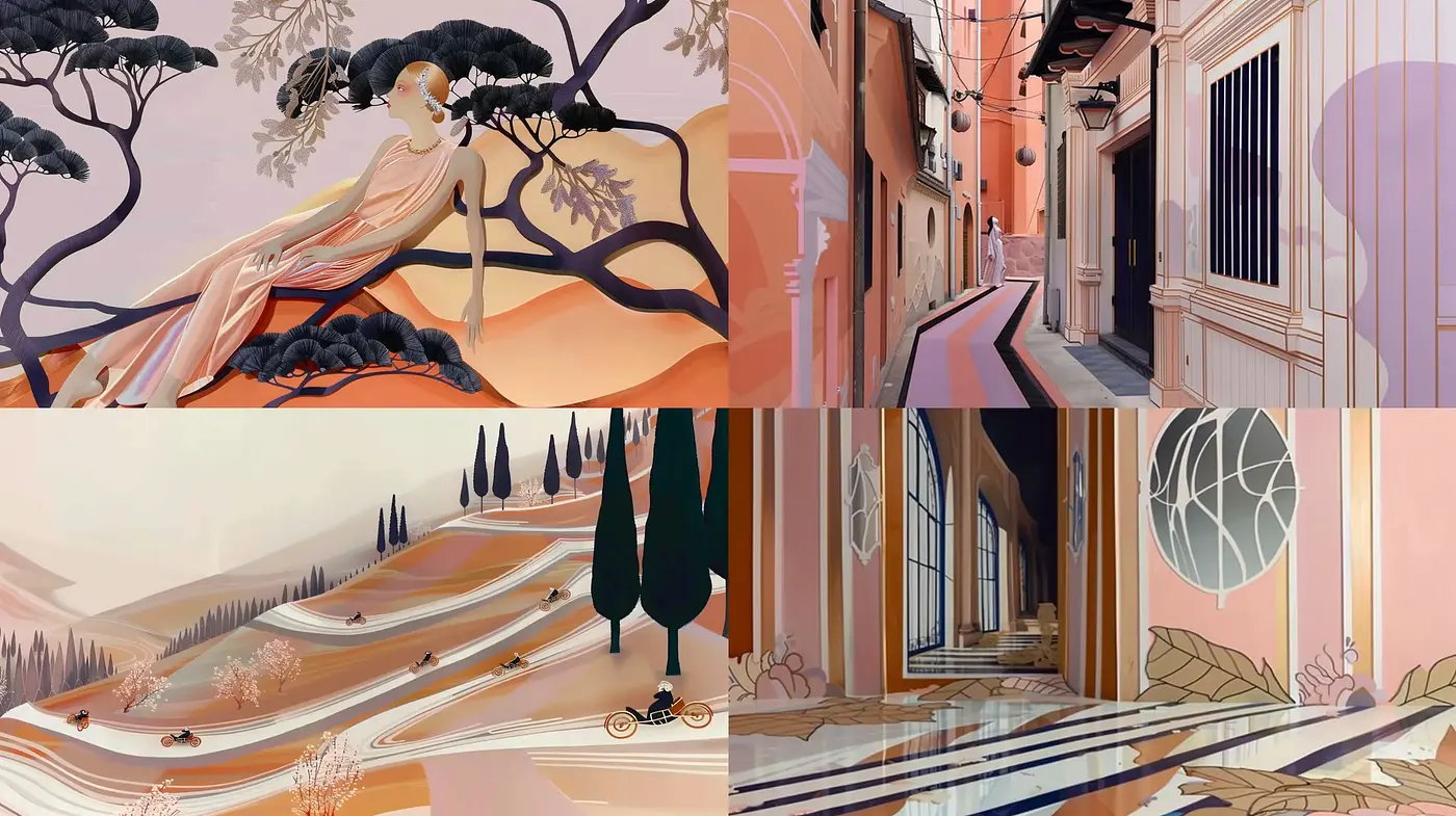 Ethereal Pastel Dreamscapes with Stylized Nature Motifs - Midjourney sref style