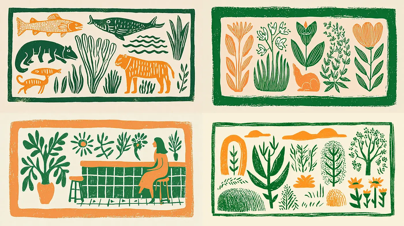Playful and organic illustration style with nature-centric themes - Midjourney sref style