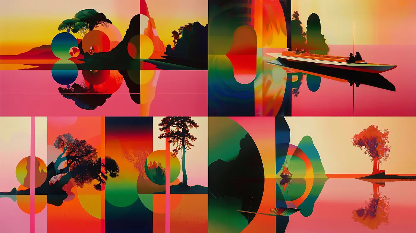 Spectral Mirage: A Harmonious Fusion of Vivid Sunset Hues and Surreal Silhouettes - Midjourney sref style