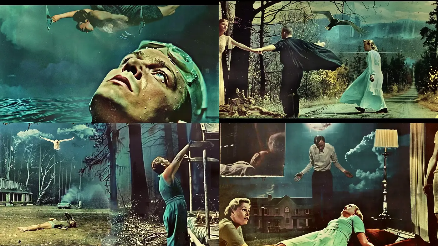 Surreal Vintage Cinematic Tableaus with a Dream-Like Essence - Midjourney sref style