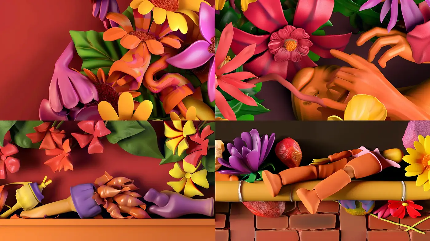 Vivid Florals and Textured Tableaus: A Consistent Ode to Stylized Nature - Midjourney sref style
