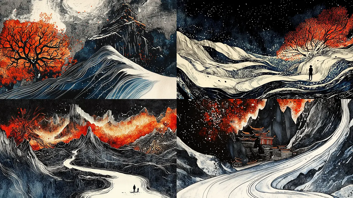 Ethereal Ink Wash Dreamscape: A Fusion of Traditional Asian Techniques and Vibrant Contemporary Vision - Midjourney sref style