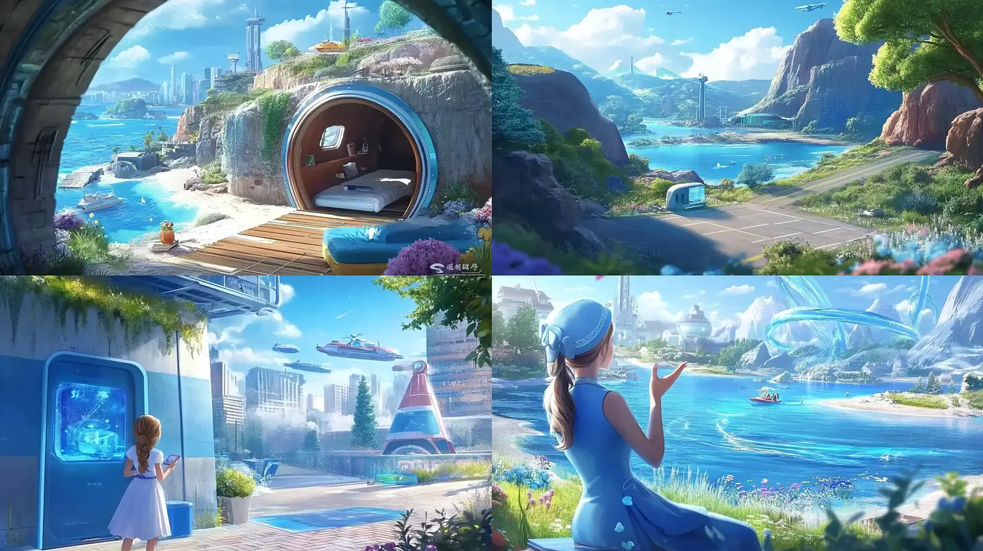 Serene Utopian Vistas with a Luminous Anime Influence - Midjourney sref style