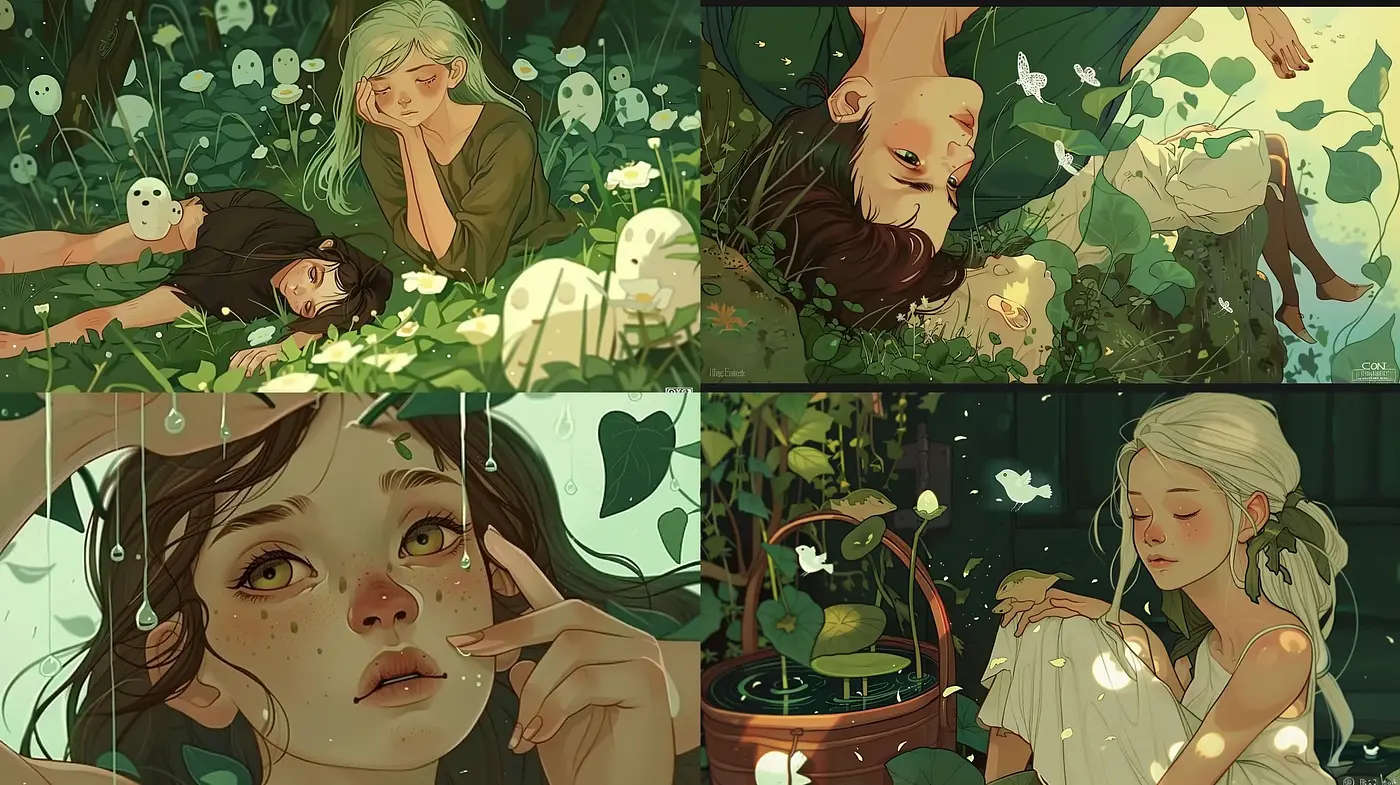 Tranquil Greenery-Infused Portraiture with Soft Illumination - Midjourney sref style