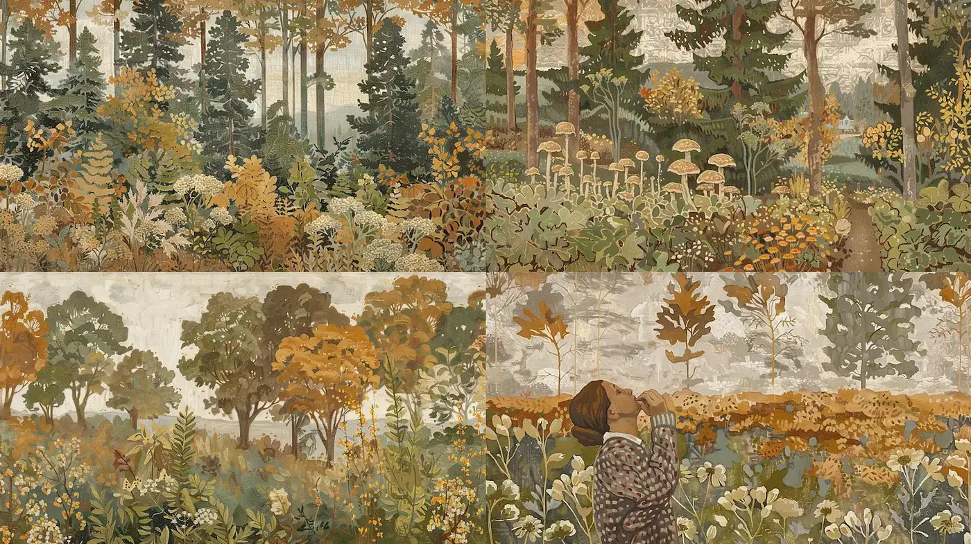 Serene and vibrant autumnal landscape with intricate details - Midjourney sref style