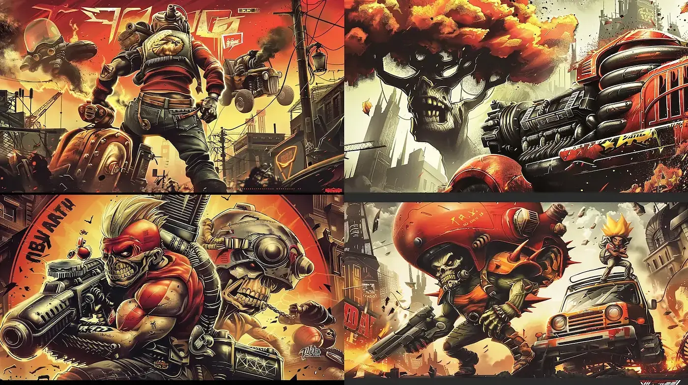 Apocalyptic Diesel Punk Vibrancy: A Fusion of Bold Mechanics and Fiery Hues - Midjourney sref style