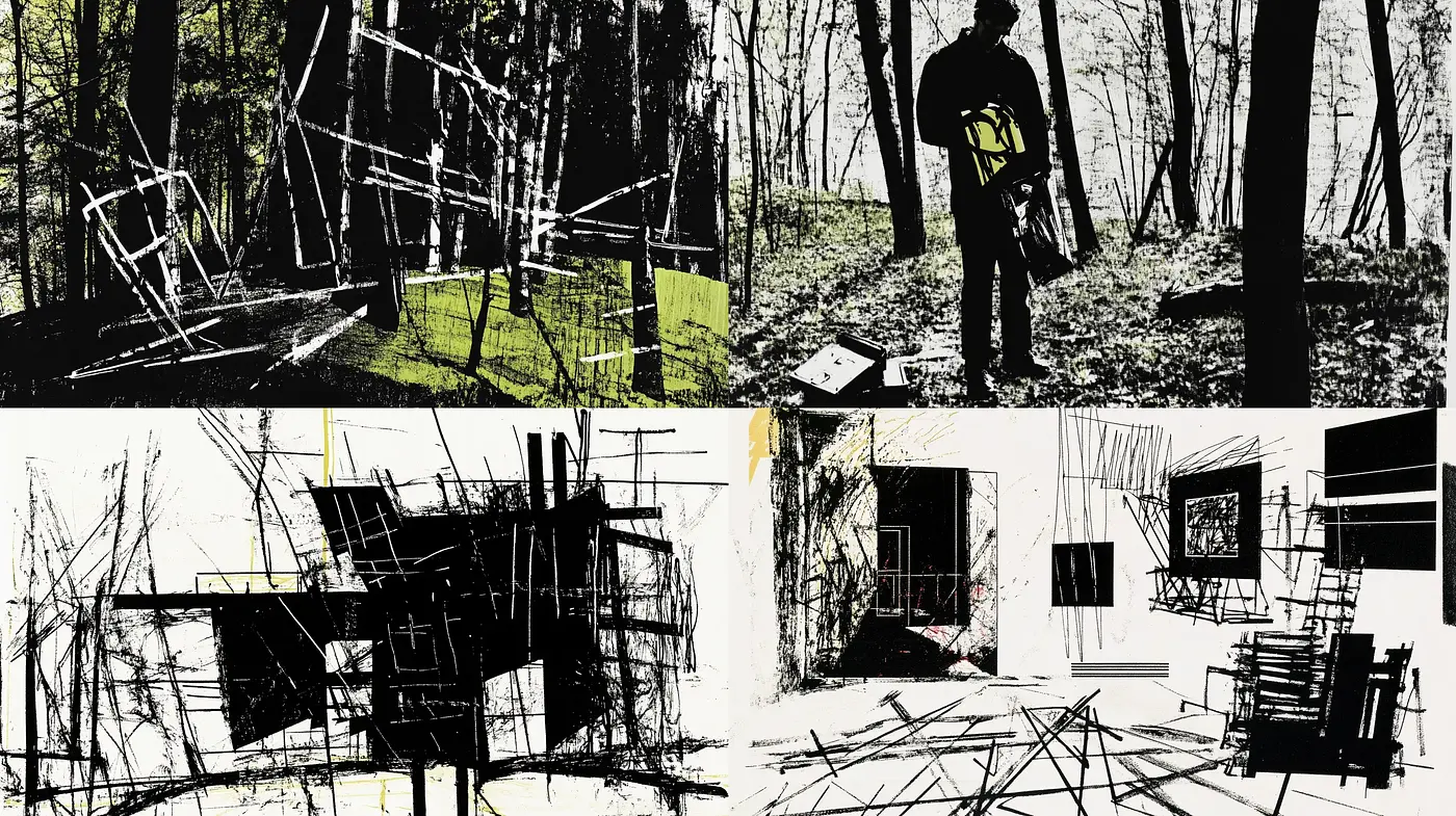 Monochromatic Intrigue with Expressive Brushwork and Abstract Forms - Midjourney sref style