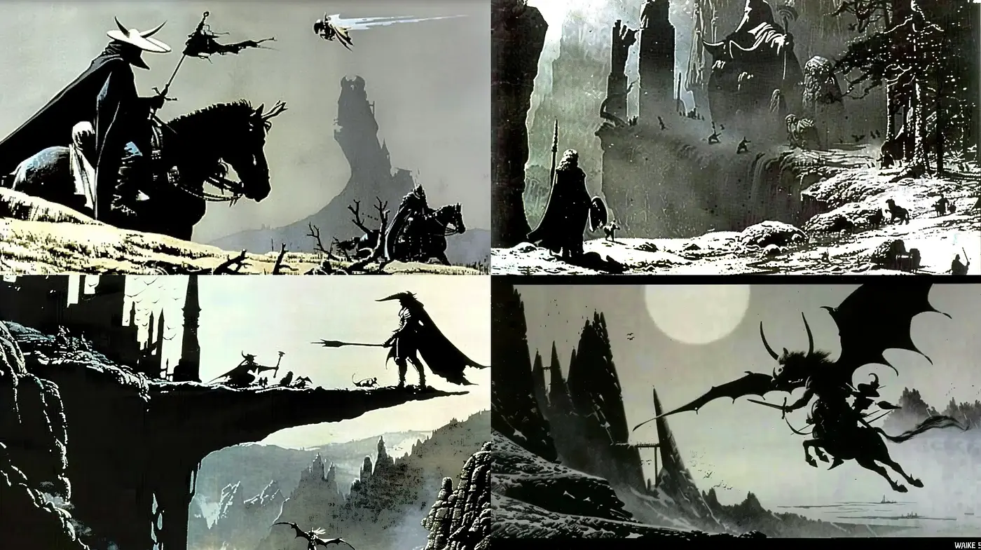 Gothic Silhouette Fantasia with Monochromatic Nuance - Midjourney sref style