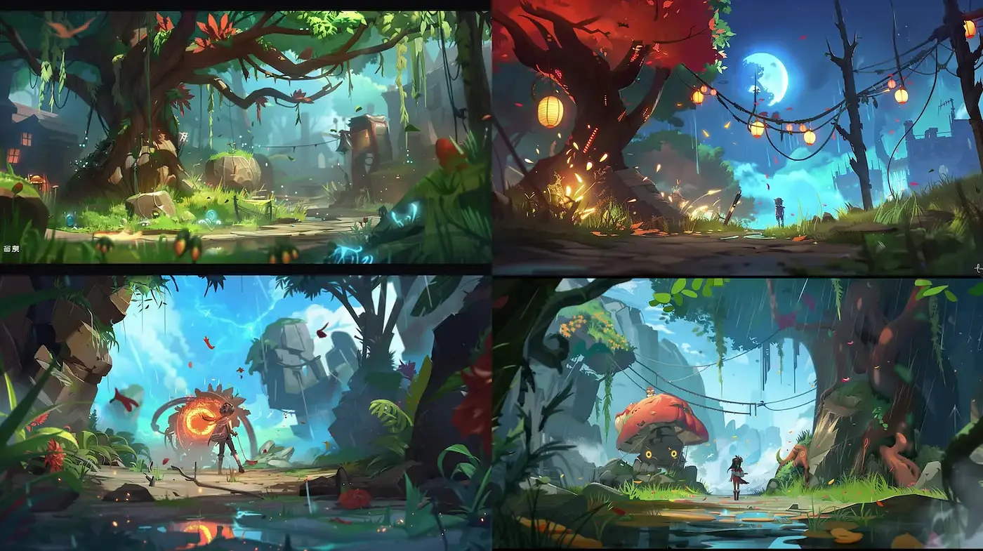 Whimsical Environments with Lush Greenery and Magical Vibes - Midjourney sref style