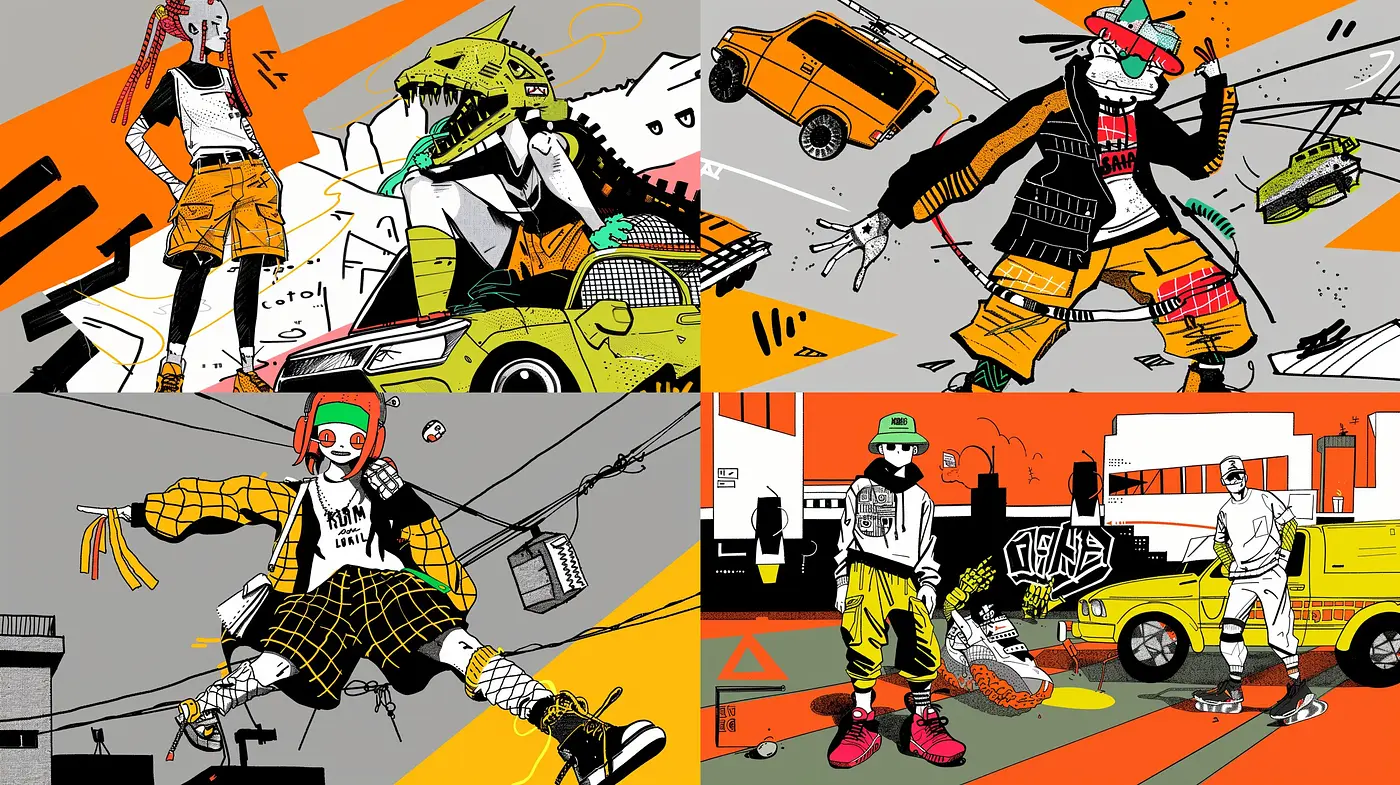 Stylized Urban Contrast: A Fusion of Bold Line Art and Vibrant Orange-Black Dichotomy - Midjourney sref style