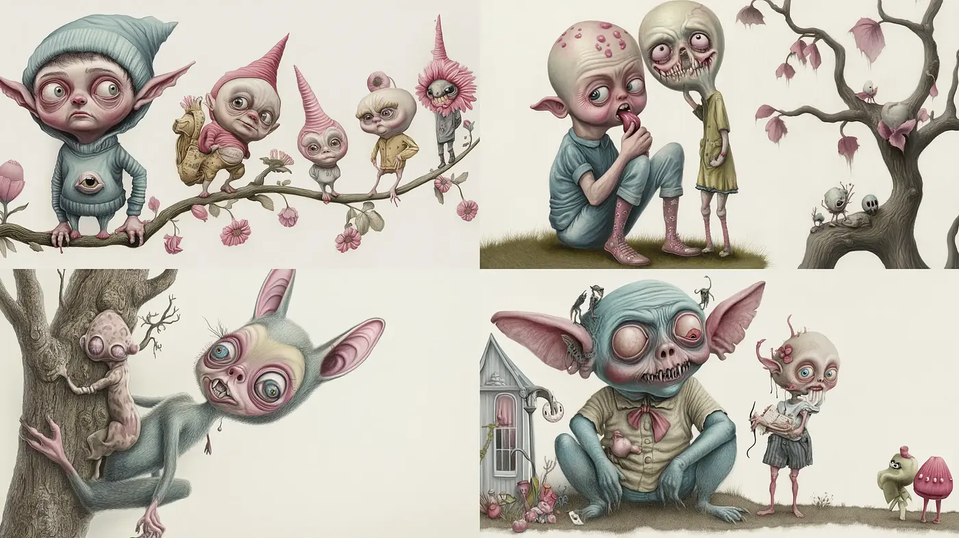 Surreal Whimsy and Pastel Macabre - Midjourney sref style