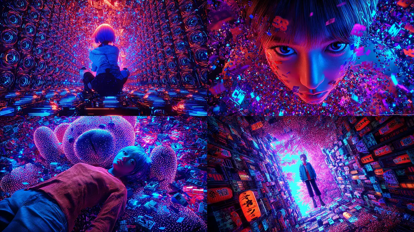 Futuristic imagery with vibrant neon aesthetics and dynamic composition - Midjourney sref style