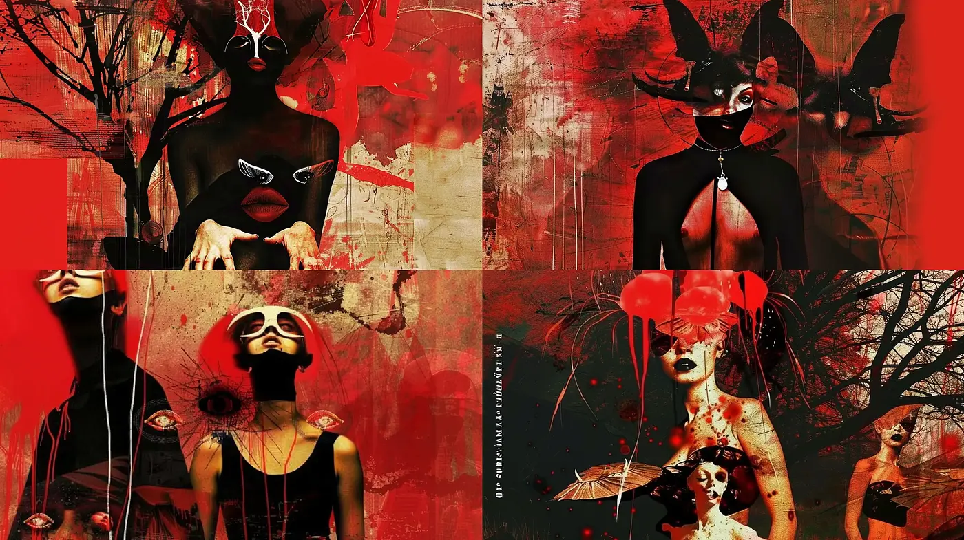 Ethereal Sanguine Dreams: Fusion of Surrealism and Grunge in Red and Black - Midjourney sref style