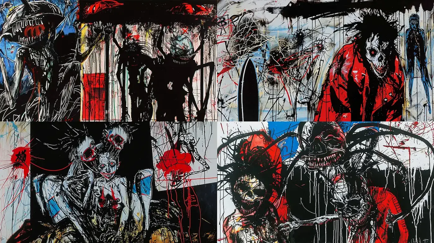 Dark and Chaotic Graphic Narrative Style with Strong Emotive Expression - Midjourney sref style