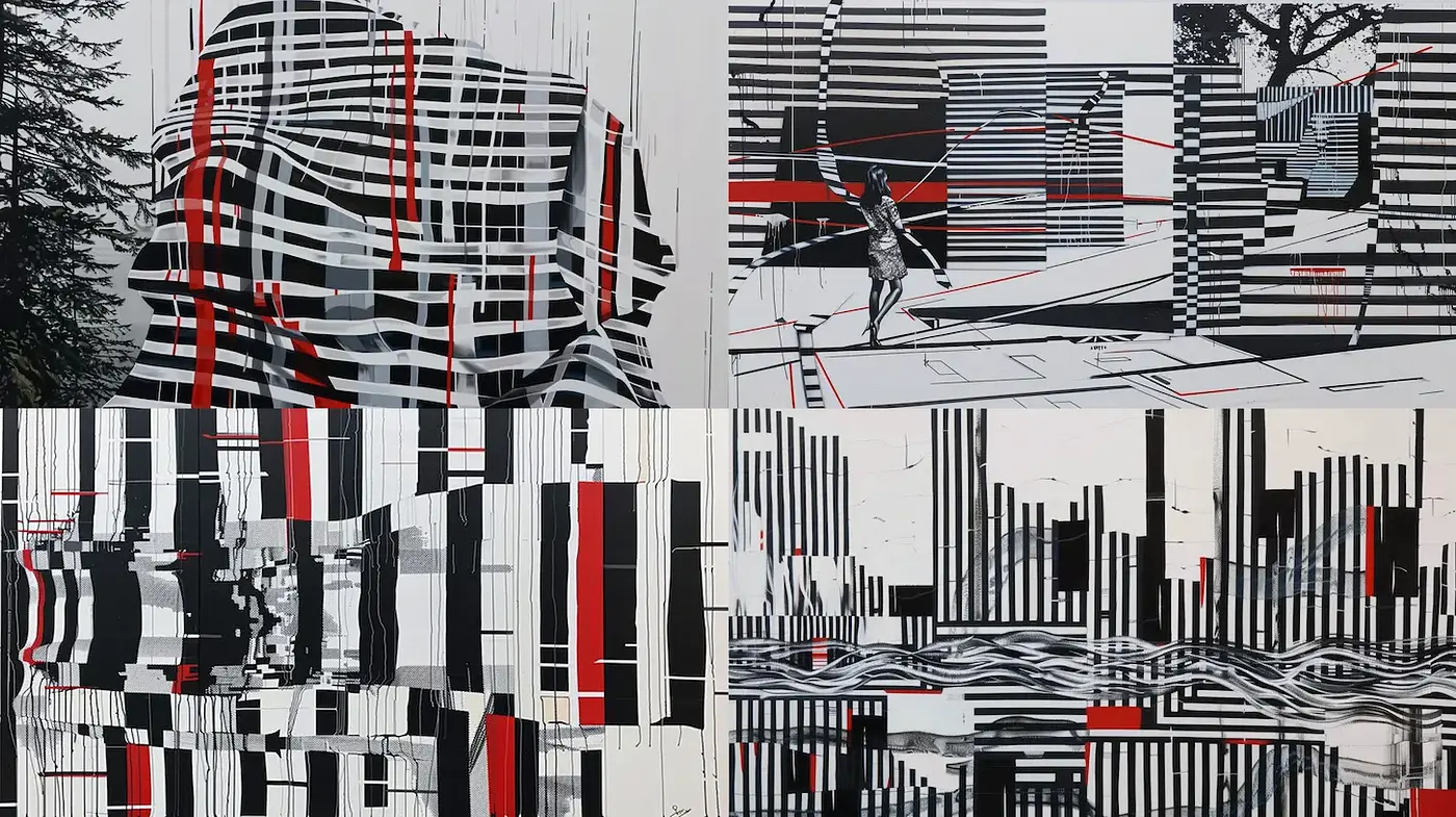 Dynamic Geometric Abstraction with Monochromatic and Bold Accents - Midjourney sref style