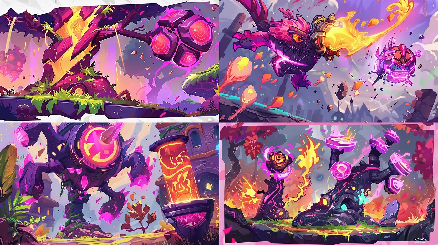 Dynamic Chromatic Symphony in a Fantastical Mechanized Landscape - Midjourney sref style