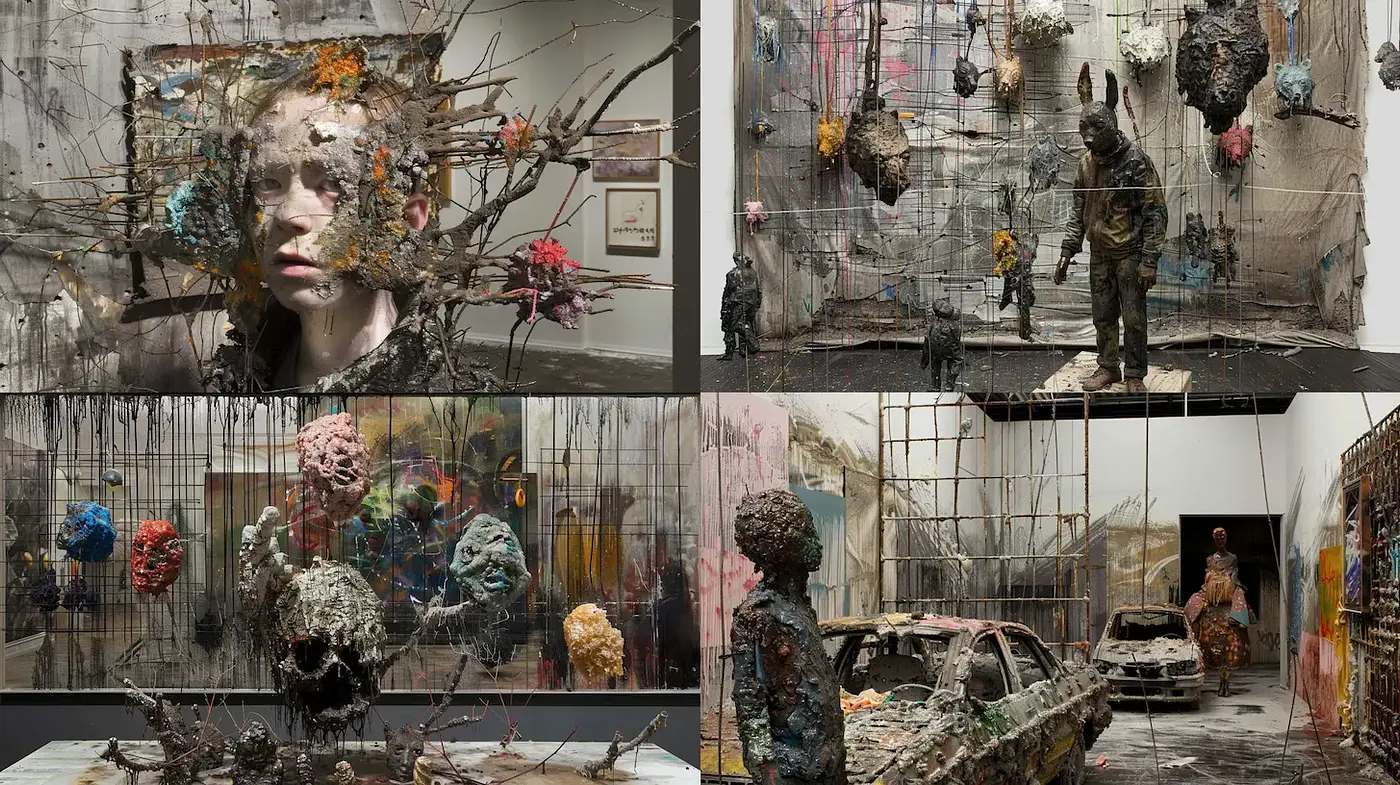 Surrealistic amalgamation of organic and synthetic textures with a haunting atmosphere - Midjourney sref style