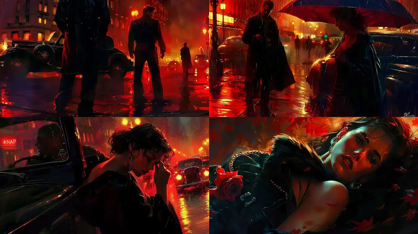 Dramatic Urban Noir with a Rich Color Narrative - Midjourney sref style