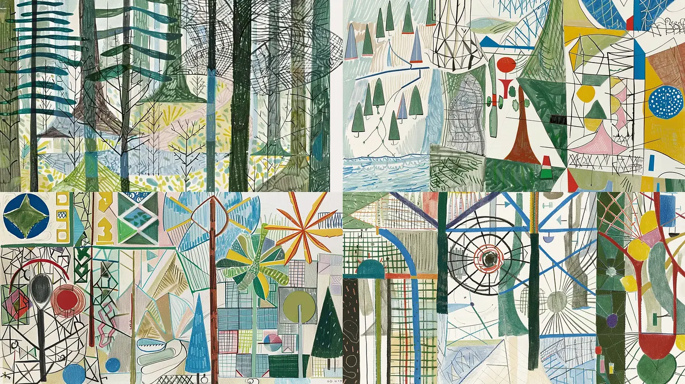 Geometric Abstraction with Nature-Inspired Motifs and Vibrant Eclecticism - Midjourney sref style