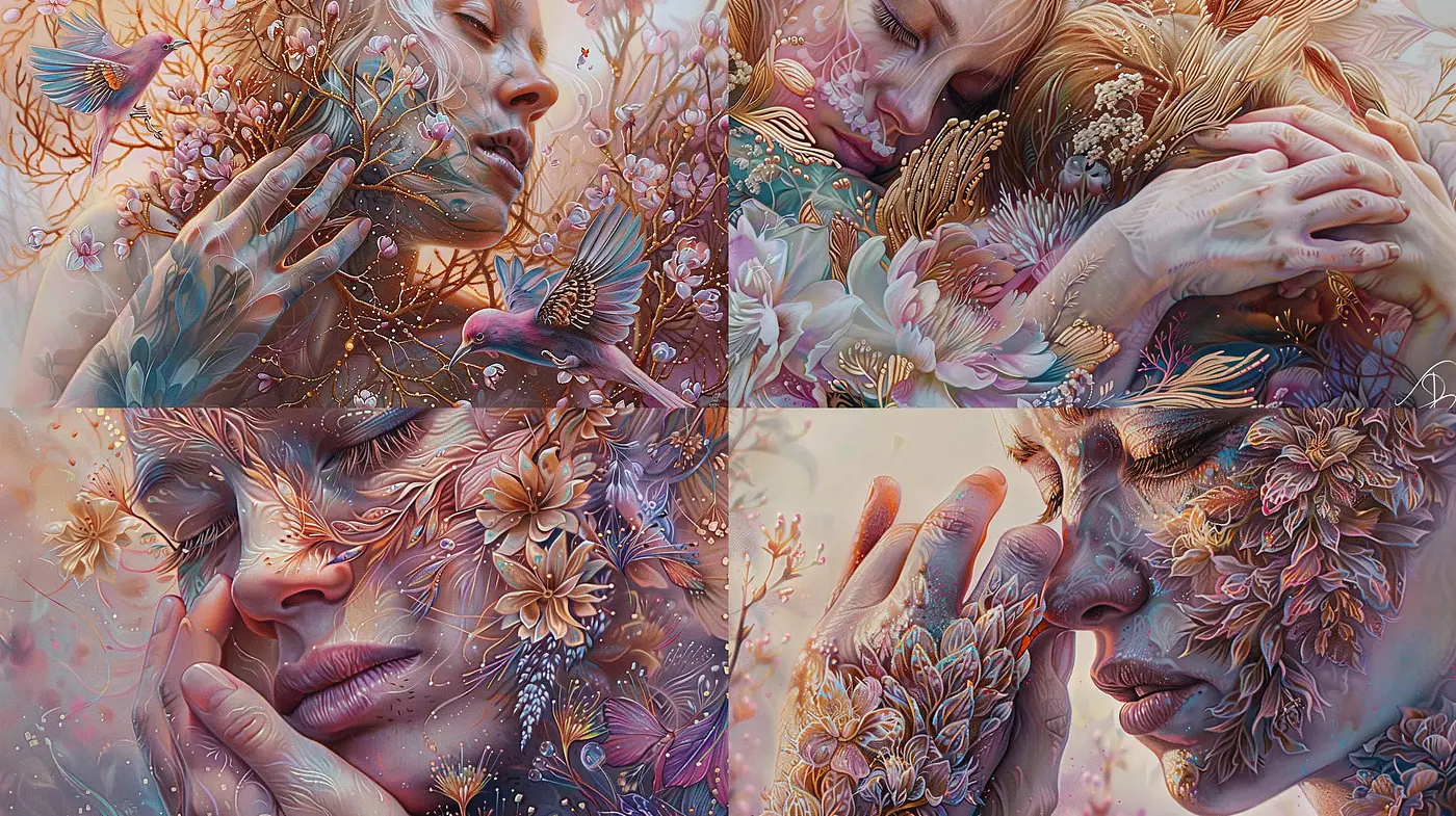 Ethereal Bloom: A Fusion of Dreamlike Florals and Soft Human Embrace - Midjourney sref style
