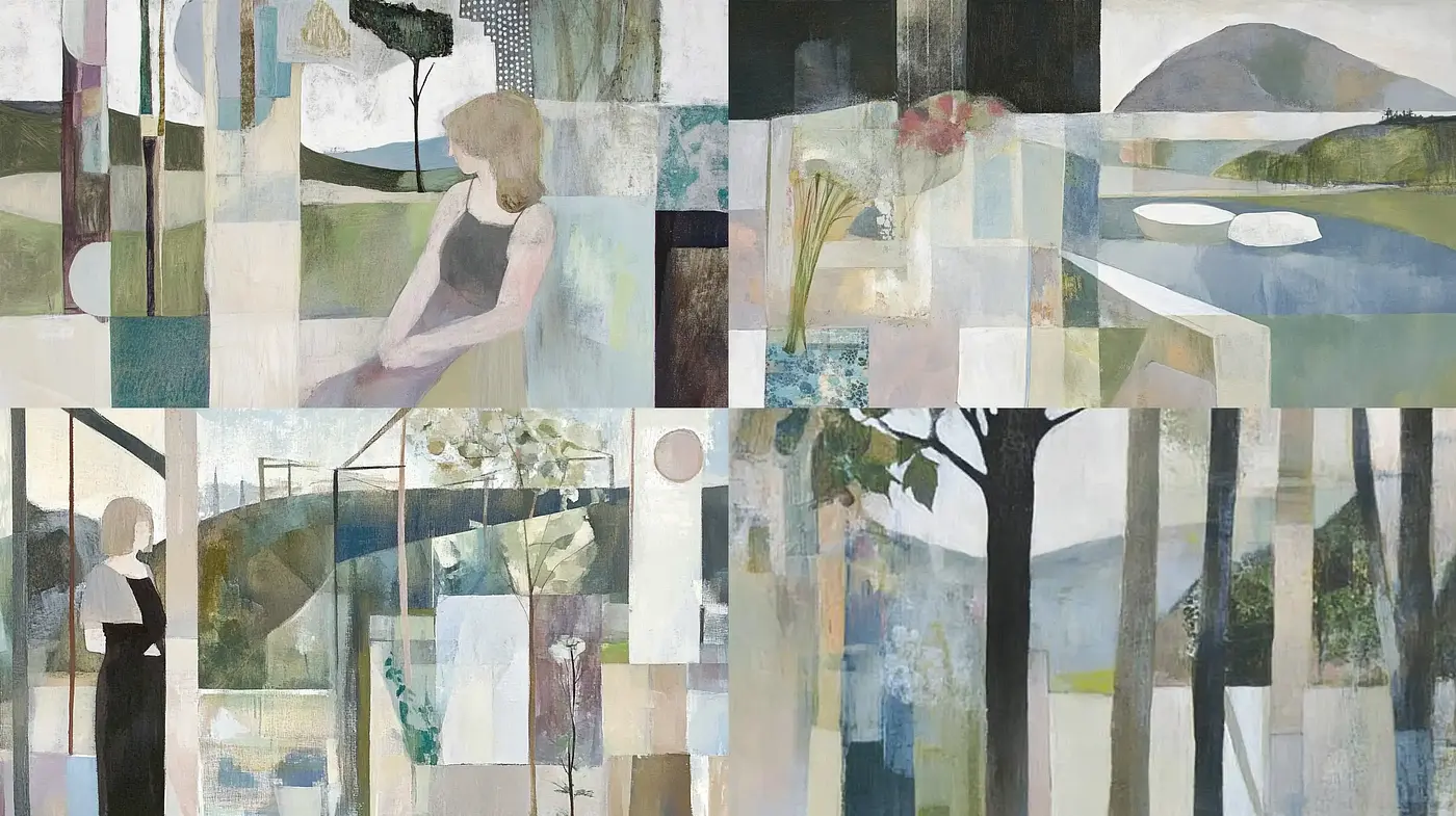 Serene Collage of Pastel Hues: A Modern Take on Introspective Moments - Midjourney sref style