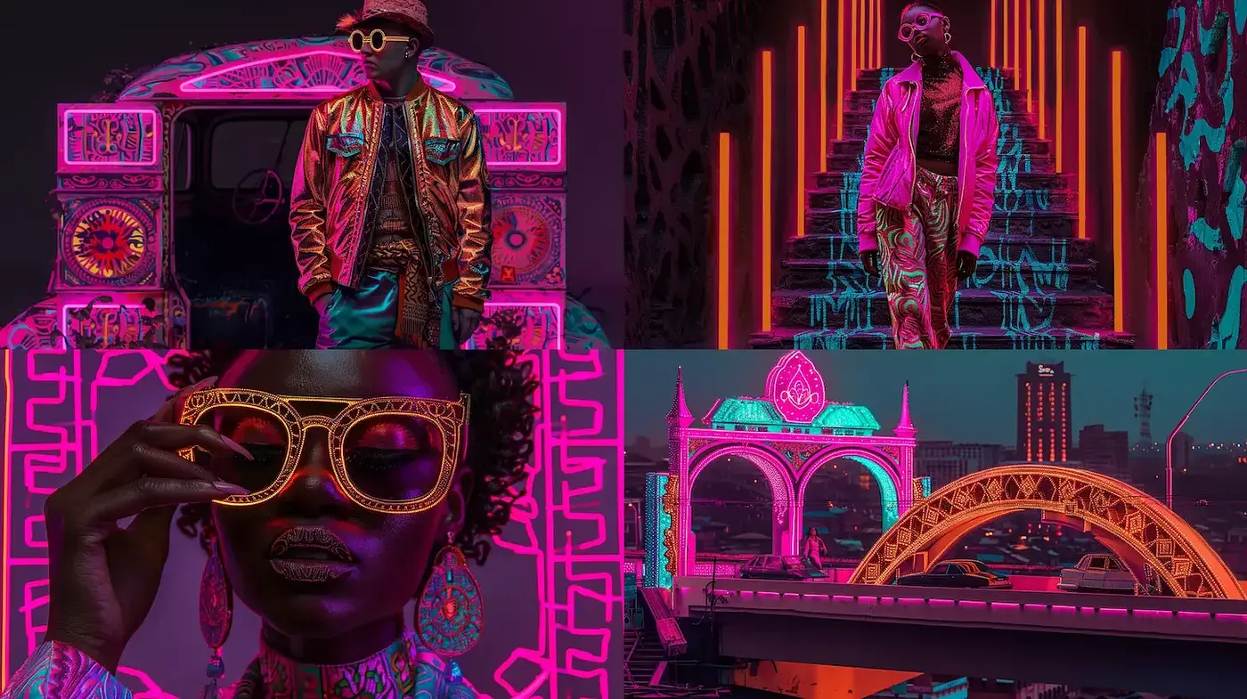 Vibrant Urban Futurism with Neon Accents and Cultural Richness - Midjourney sref style