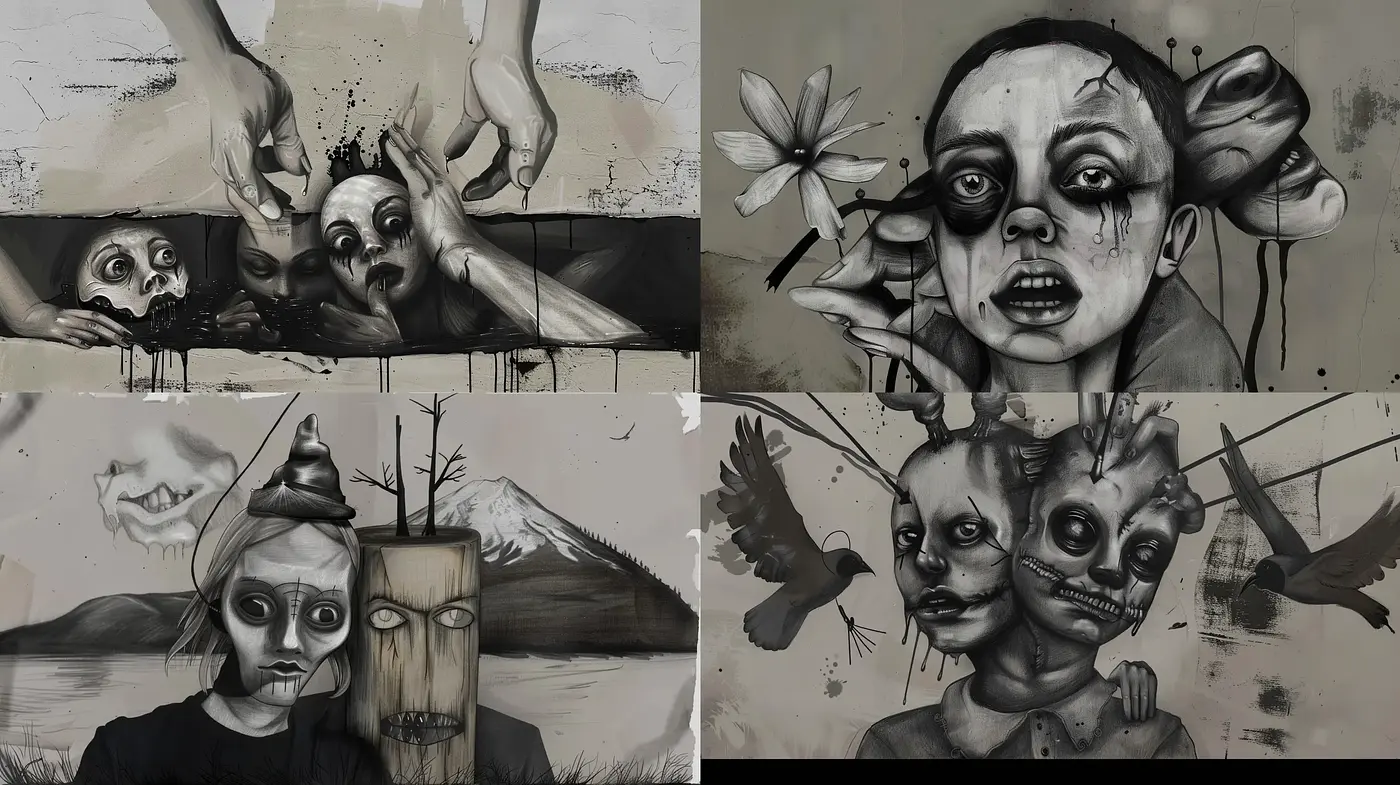 Monochromatic Surrealism with Distorted Human Figures - Midjourney sref style