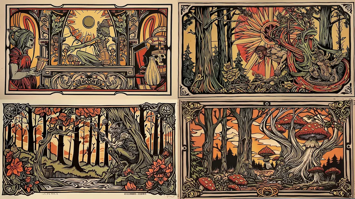 Vibrant Interplay of Nature and Mysticism in a Vintage Art Style - Midjourney sref style
