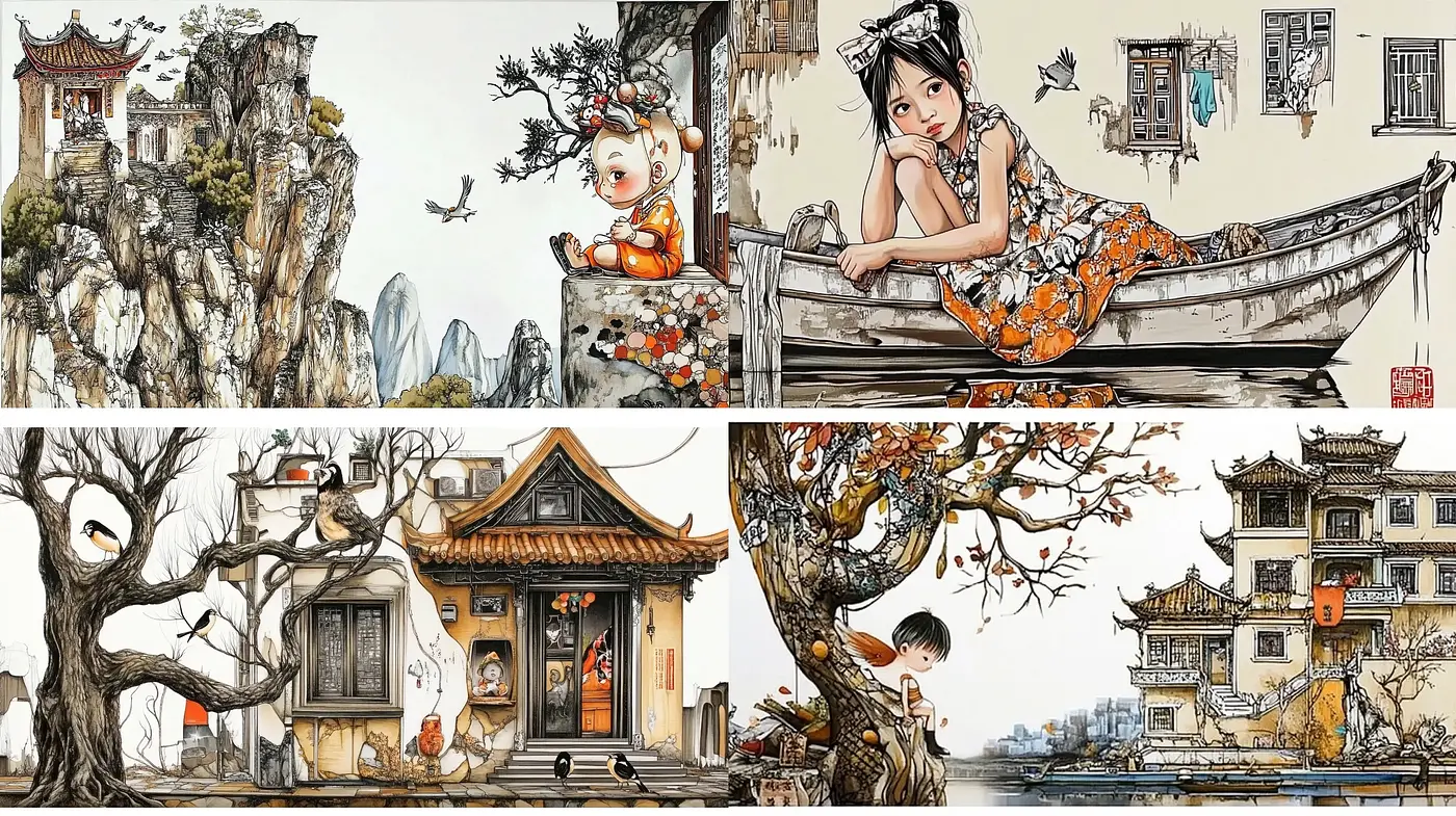 Ethereal Elegance of Ink Wash Landscapes and Serene Characters - Midjourney sref style