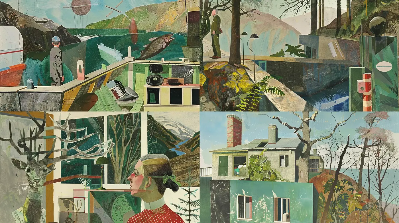 Collage of Serenity: An Amalgamation of Mid-Century and Modernist Aesthetic with a Pastoral Sensibility - Midjourney sref style