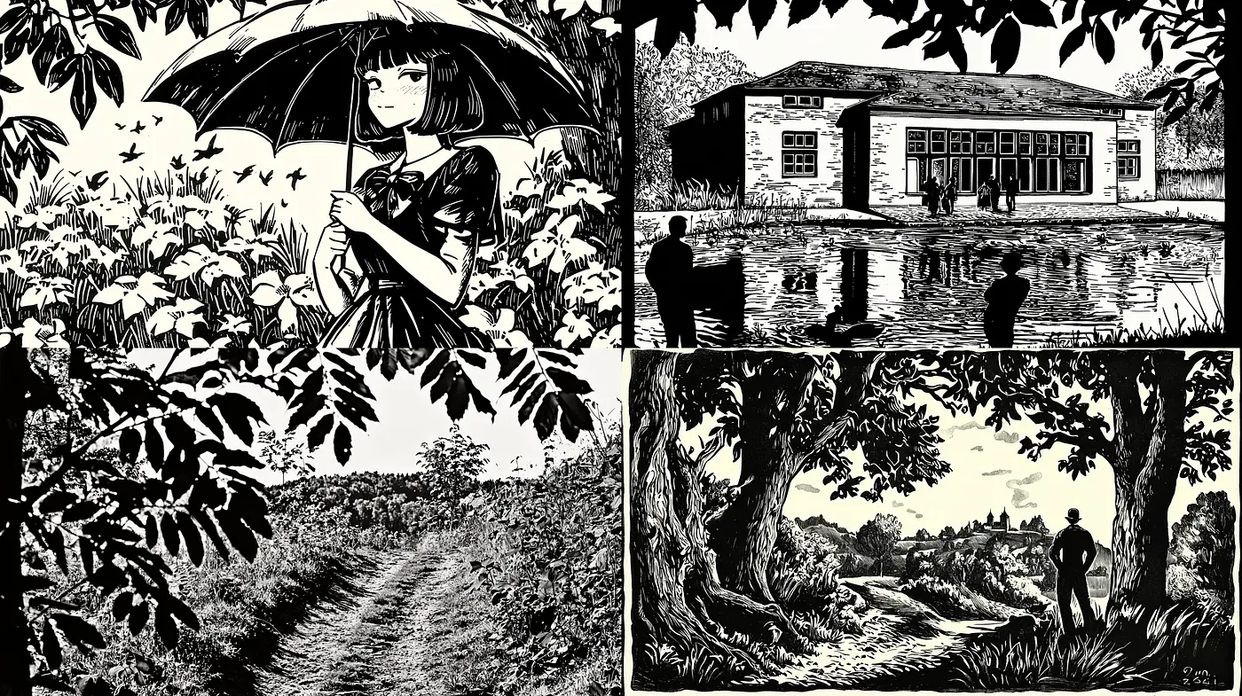 Monochrome Tales: Echoes of Ink and Shadow in Storybook Scenes - Midjourney sref style