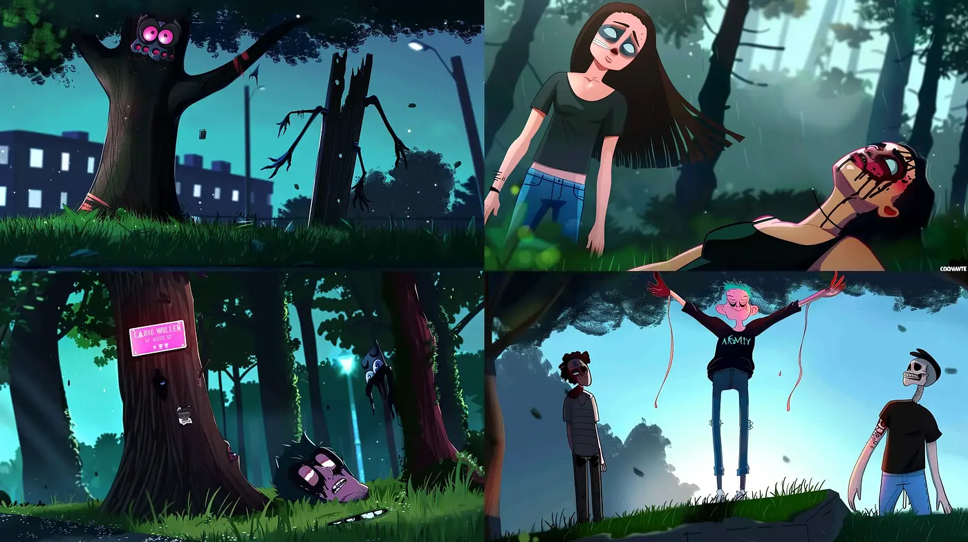 Twilight Hues and Animated Shadows: A Melding of Contemporary Cartoon and Late Gothic Undertones - Midjourney sref style