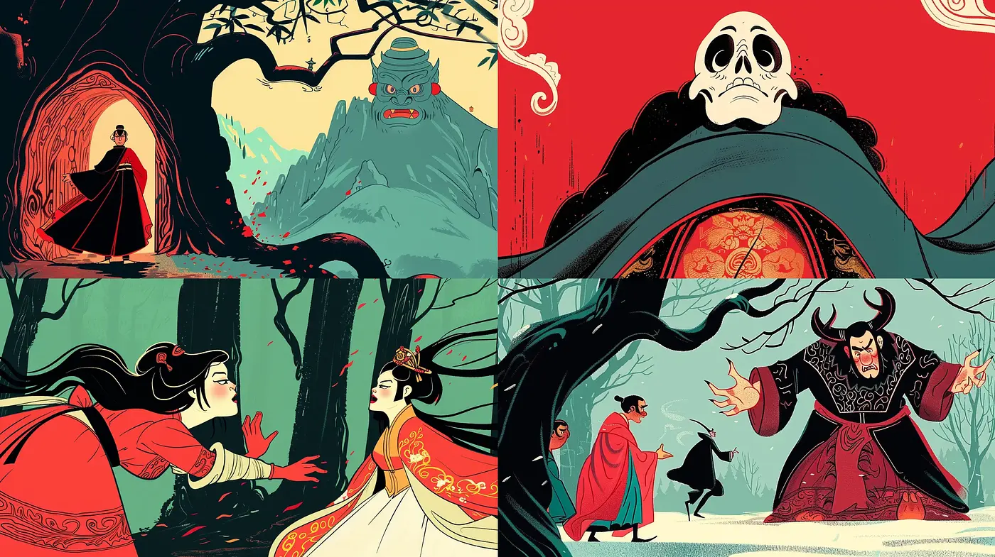 Stylized Theatrical Folklore Illustrations - Midjourney sref style