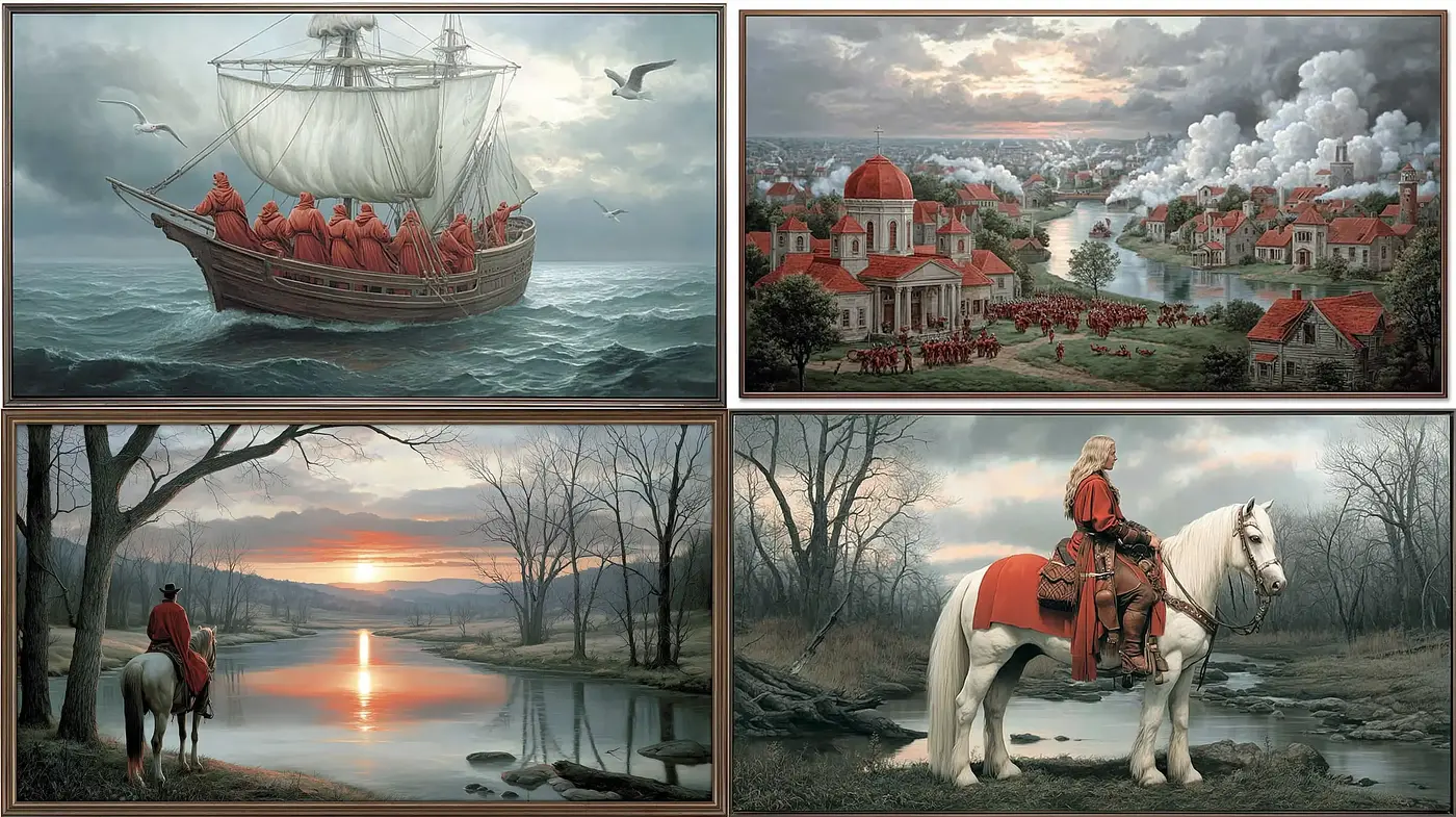 Epic Narrative with Dramatic Landscapes and Historical Undertones - Midjourney sref style