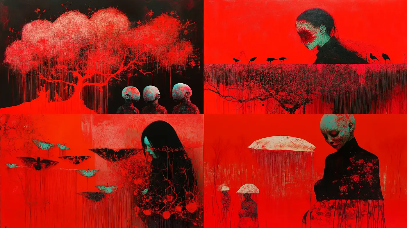 Crimson Macabre: A Vivid Portrayal of Dark Elegance and Haunting Beauty - Midjourney sref style