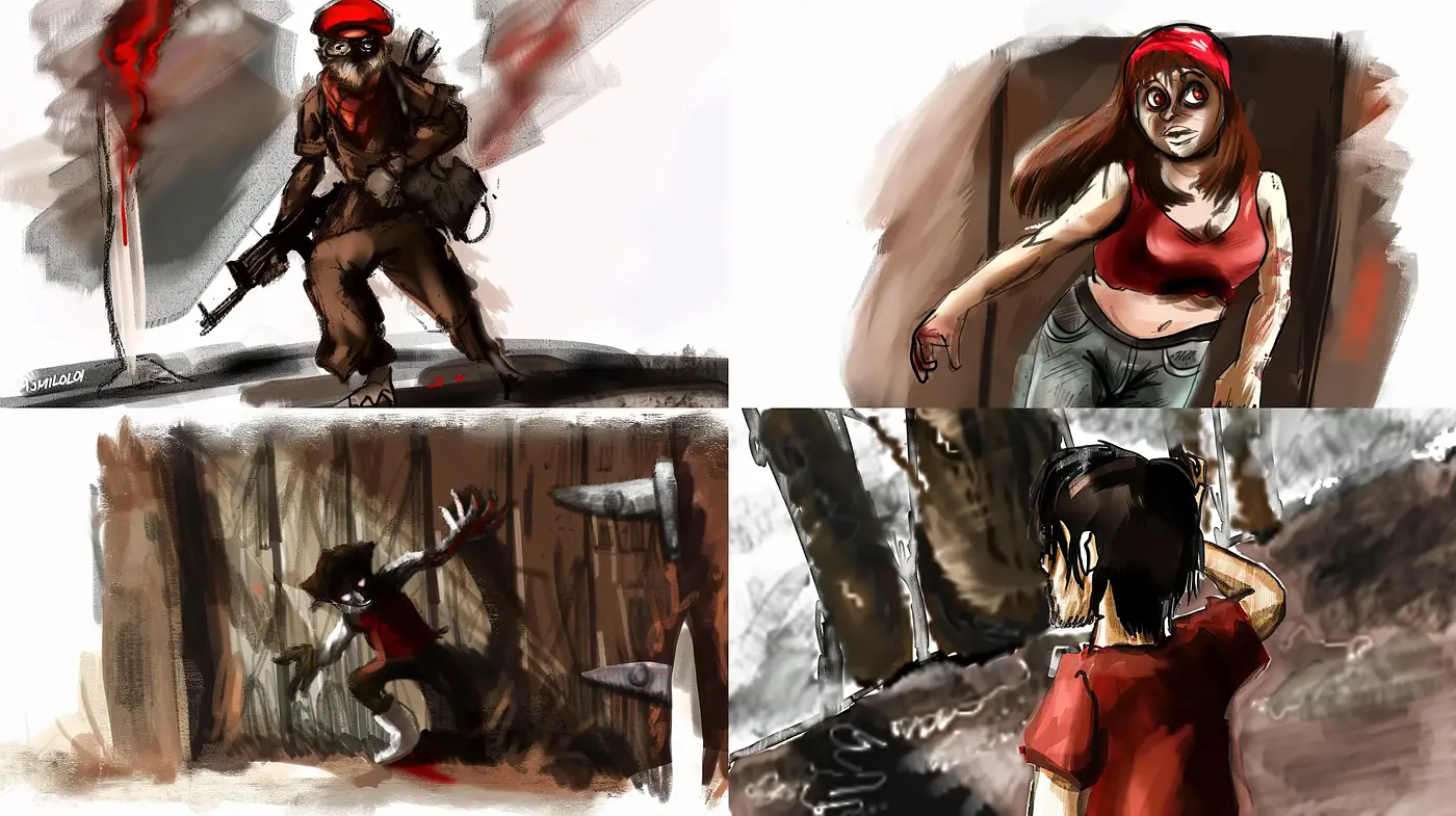 Gritty Brushwork and Dynamic Intensity in Red-Toned Illustrations - Midjourney sref style