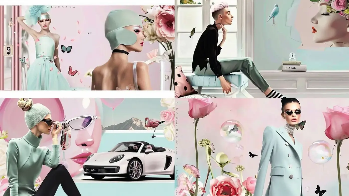 Fashion-forward, surrealistic aesthetic with a touch of vintage glamour - Midjourney sref style