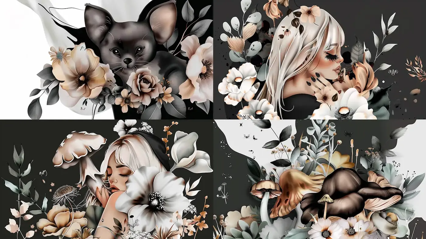 Nature-Inspired Illustrations with Feminine Elements and Organic Textures - Midjourney sref style